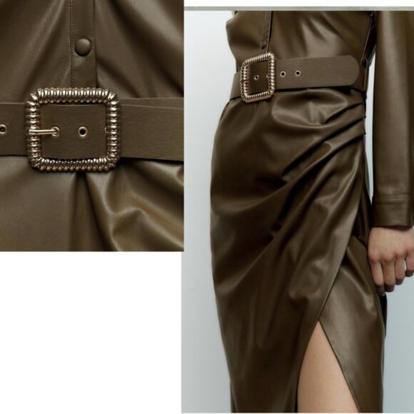 Zara khaki faux leather V-neck belted midi dress lapel collar long sleeve L NWOT - Picture 4 of 16